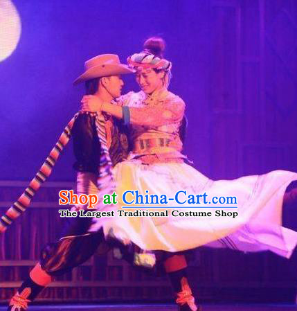 Chinese Impression of Lijiang Naxi Nationality Ethnic Bride Dance Dress Stage Performance Costume and Headpiece for Women