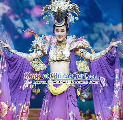 Chinese Impression of Lijiang Naxi Nationality Ethnic Dance Purple Dress Stage Performance Costume and Headpiece for Women