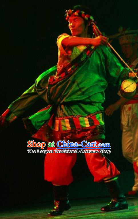 Chinese Impression of Lijiang Zang Nationality Ethnic Dance Green Robe Stage Performance Costume for Men