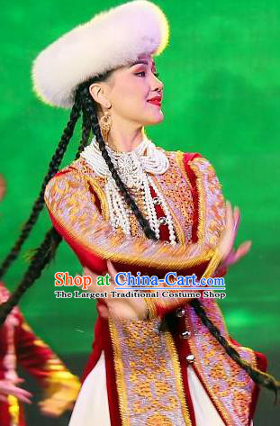Chinese Silk Road Uyghur Nationality Dance Red Dress Ethnic Stage Performance Costume for Women