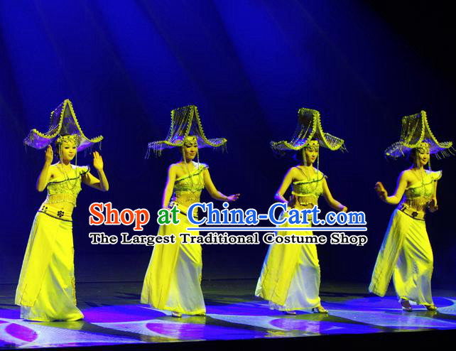Chinese Lishui Jinsha Dai Nationality Dance Yellow Dress Ethnic Stage Performance Costume and Headpiece for Women