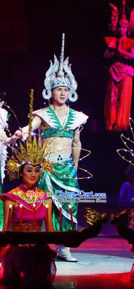 Chinese Lishui Jinsha Dai Nationality Dance Green Clothing Ethnic Wedding Stage Performance Costume for Men