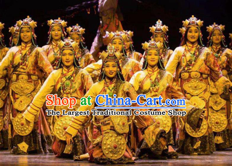 Chinese Encounter Shangri La Impression Tibetan Ethnic Dance Robe Stage Performance Costume and Headpiece for Women