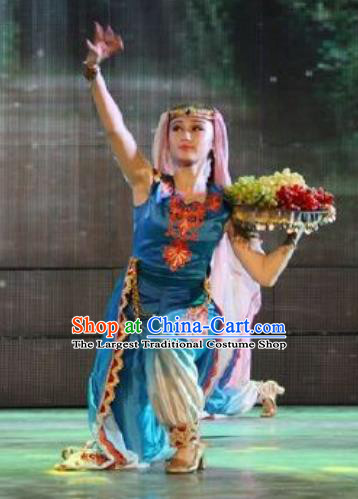 Chinese Turpan Festival Uyghur Nationality Folk Dance Blue Dress Stage Performance Ethnic Costume and Headpiece for Women