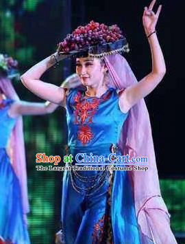 Chinese Turpan Festival Uyghur Nationality Folk Dance Blue Dress Stage Performance Ethnic Costume and Headpiece for Women