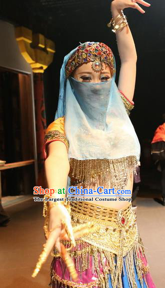 Chinese Shapotou Celebration Indian Dance Dress Ethnic Stage Performance Costume and Headpiece for Women