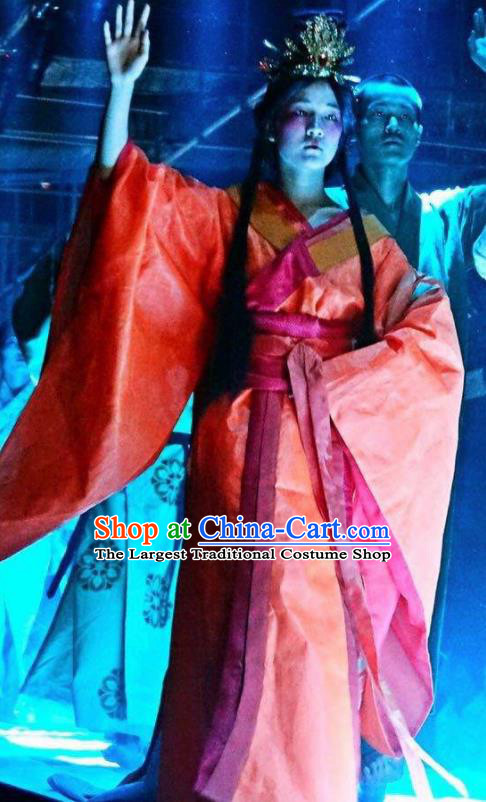 Chinese Encore Dunhuang Han Dynasty Court Dance Red Dress Stage Performance Costume and Headpiece for Women