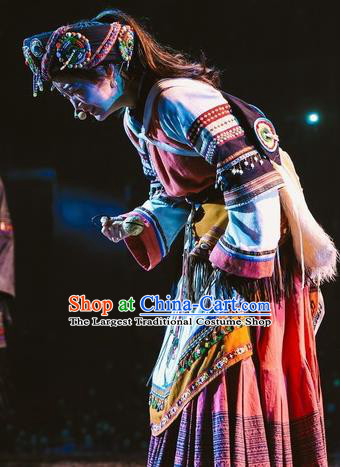 Chinese Encounter Lijiang Naxi Ethnic Dance Dress Stage Performance Costume and Headpiece for Women