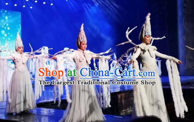 Chinese Picturesque Huizhou Classical Dance White Dress Stage Performance Costume and Headpiece for Women