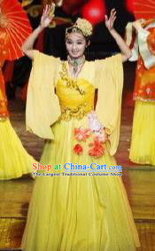 Chinese Picturesque Huizhou Classical Dance Yellow Dress Stage Performance Costume and Headpiece for Women