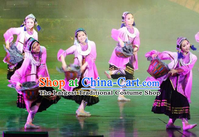 Chinese Charm Xiangxi Miao Nationality Dance Lilac Dress Stage Performance Costume and Headpiece for Women