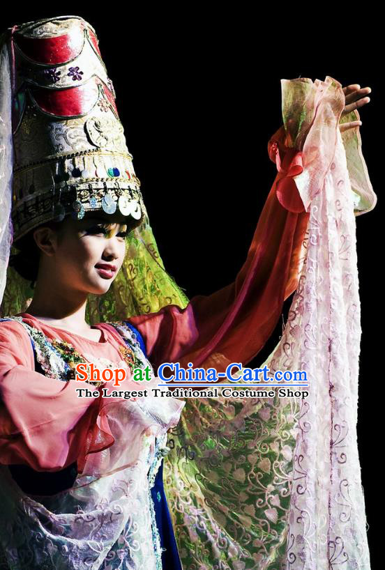 Chinese Oriental Apparel Xibe Nationality Dance Dress Stage Performance Ethnic Costume and Headpiece for Women