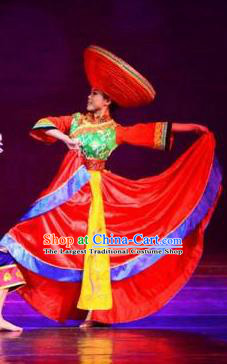 Chinese Dream Like Lijiang Zhuang Nationality Dance Wedding Red Dress Stage Performance Costume and Headpiece for Women