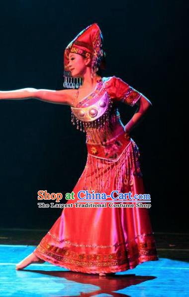 Chinese Dream Like Lijiang Zhuang Nationality Ethnic Dance Dress Stage Performance Costume and Headpiece for Women