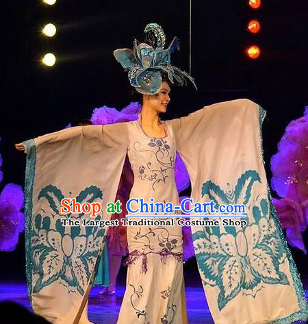 Chinese Dream Like Lijiang Classical Dance White Dress Stage Performance Costume and Headpiece for Women