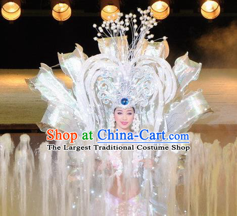 Chinese Dragon Phoenix Dance White Dress Stage Performance Costume and Headpiece for Women