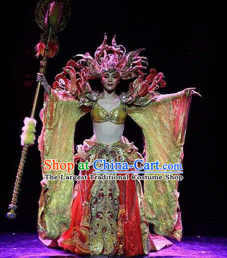 Chinese Golden Mask Dynasty Dance Queen Dress Stage Performance Costume and Headpiece for Women