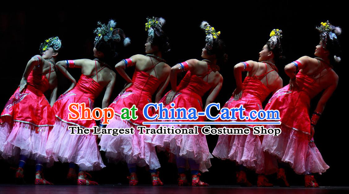 Chinese Wind Of Colorful Guizhou Yi Nationality Ethnic Dance Pink Dress Stage Performance Costume and Headpiece for Women