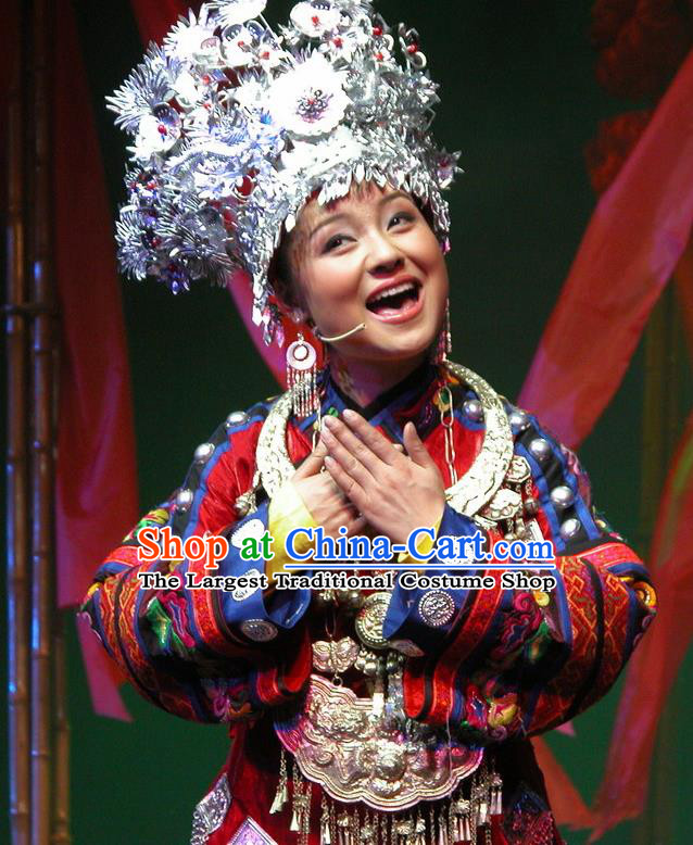 Chinese Wind Of Colorful Guizhou Miao Nationality Ethnic Dance Red Dress Stage Performance Costume and Headpiece for Women