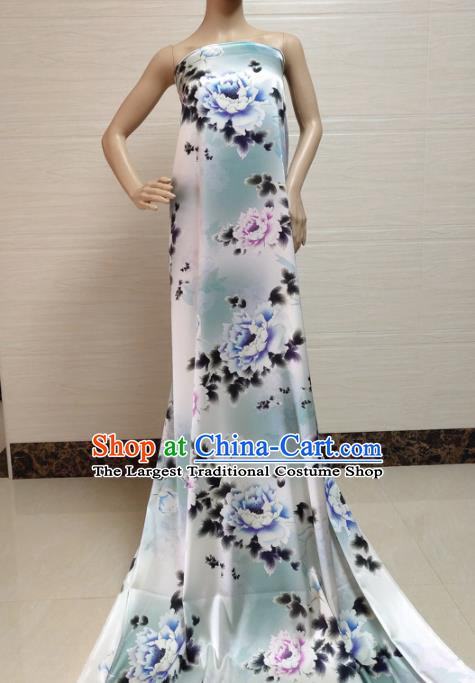 Traditional Chinese Classical Peony Pattern Light Blue Gambiered Guangdong Gauze Silk Fabric Ancient Hanfu Dress Silk Cloth