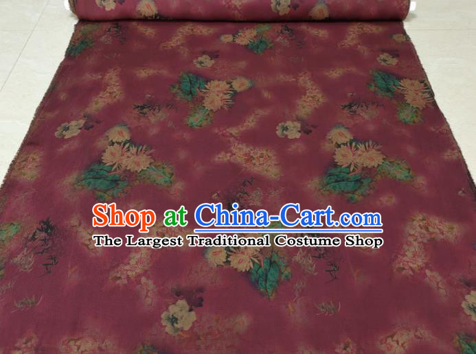 Traditional Chinese Classical Lotus Pattern Wine Red Gambiered Guangdong Gauze Silk Fabric Ancient Hanfu Dress Silk Cloth