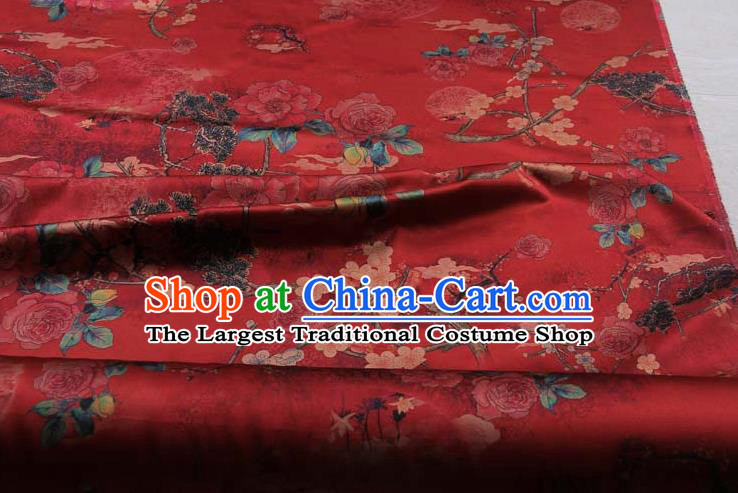 Traditional Chinese Classical Peony Plum Pattern Red Gambiered Guangdong Gauze Silk Fabric Ancient Hanfu Dress Silk Cloth
