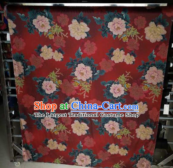 Traditional Chinese Classical Peony Pattern Deep Red Gambiered Guangdong Gauze Silk Fabric Ancient Hanfu Dress Silk Cloth