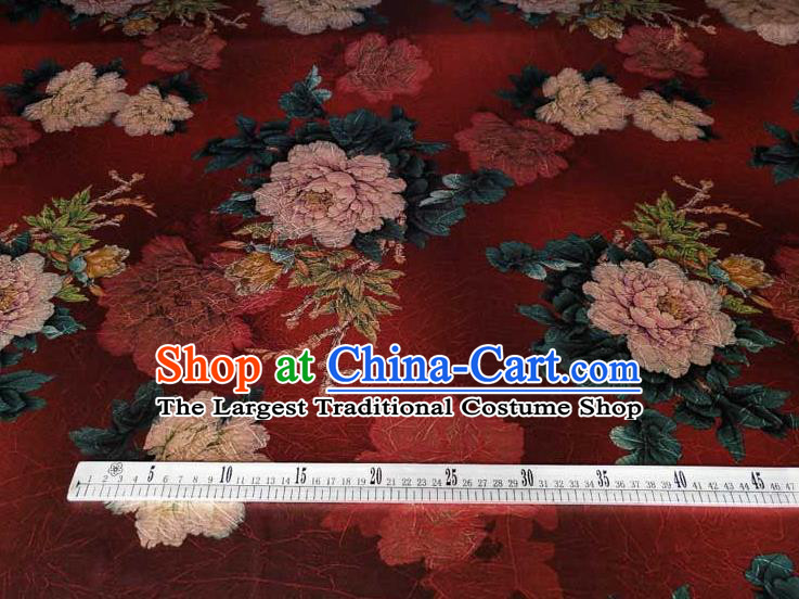Traditional Chinese Classical Peony Pattern Deep Red Gambiered Guangdong Gauze Silk Fabric Ancient Hanfu Dress Silk Cloth