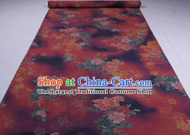 Traditional Chinese Classical Peony Plum Pattern Dark Red Gambiered Guangdong Gauze Silk Fabric Ancient Hanfu Dress Silk Cloth
