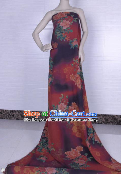 Traditional Chinese Classical Peony Plum Pattern Dark Red Gambiered Guangdong Gauze Silk Fabric Ancient Hanfu Dress Silk Cloth