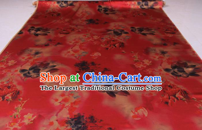 Traditional Chinese Classical Lotus Pattern Red Gambiered Guangdong Gauze Silk Fabric Ancient Hanfu Dress Silk Cloth