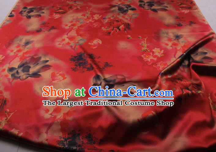Traditional Chinese Classical Lotus Pattern Red Gambiered Guangdong Gauze Silk Fabric Ancient Hanfu Dress Silk Cloth