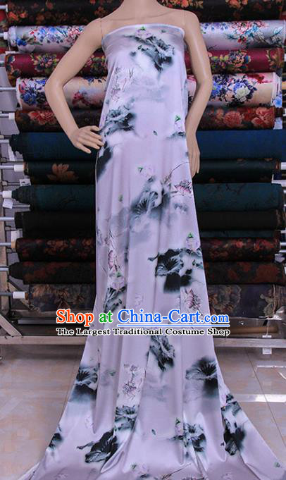 Traditional Chinese Classical Lotus Pattern White Gambiered Guangdong Gauze Silk Fabric Ancient Hanfu Dress Silk Cloth