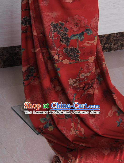 Traditional Chinese Classical Plum Peony Pattern Red Gambiered Guangdong Gauze Silk Fabric Ancient Hanfu Dress Silk Cloth