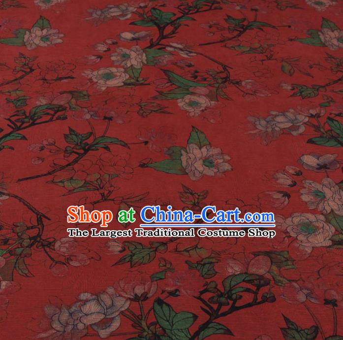 Traditional Chinese Classical Camellia Pattern Rust Red Gambiered Guangdong Gauze Silk Fabric Ancient Hanfu Dress Silk Cloth