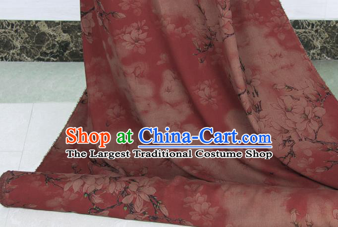 Traditional Chinese Classical Magnolia Pattern Rust Red Gambiered Guangdong Gauze Silk Fabric Ancient Hanfu Dress Silk Cloth