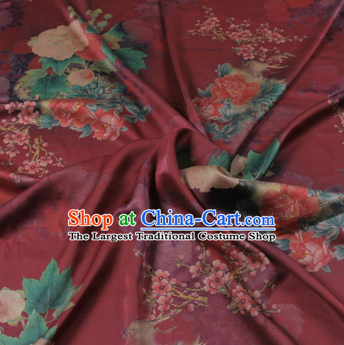 Traditional Chinese Classical Peony Pattern Wine Red Gambiered Guangdong Gauze Silk Fabric Ancient Hanfu Dress Silk Cloth