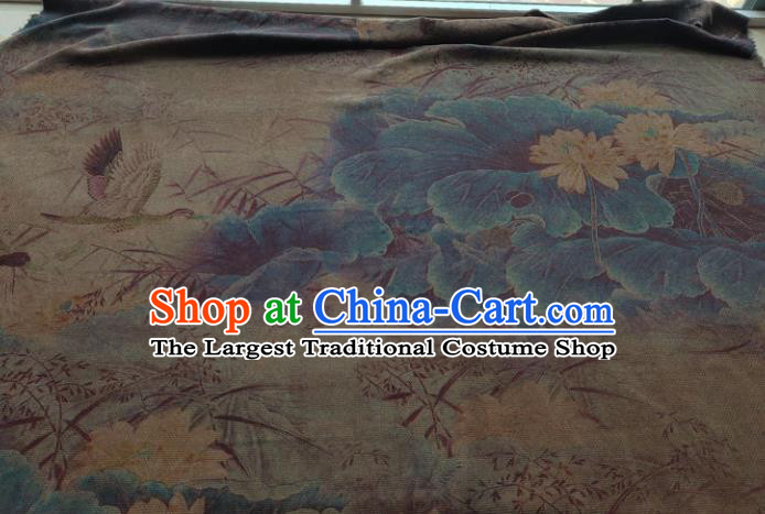 Traditional Chinese Classical Crane Lotus Pattern Khaki Gambiered Guangdong Gauze Silk Fabric Ancient Hanfu Dress Silk Cloth
