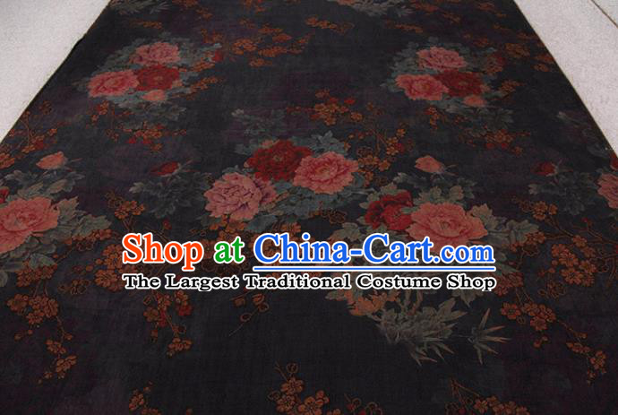 Traditional Chinese Classical Peony Plum Pattern Black Gambiered Guangdong Gauze Silk Fabric Ancient Hanfu Dress Silk Cloth