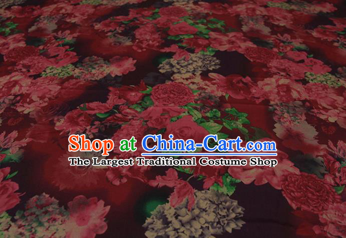 Traditional Chinese Classical Peony Flowers Pattern Dark Red Gambiered Guangdong Gauze Silk Fabric Ancient Hanfu Dress Silk Cloth
