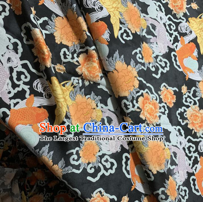 Chinese Classical Carp Peony Pattern Black Silk Fabric Traditional Ancient Hanfu Dress Brocade Cloth