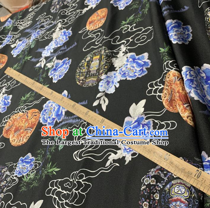 Chinese Classical Peony Pattern Black Silk Fabric Traditional Ancient Hanfu Dress Brocade Cloth