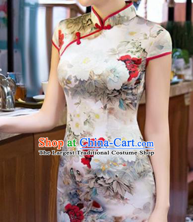 Traditional Chinese Classical Peony Pattern White Silk Fabric Ancient Hanfu Dress Brocade Cloth