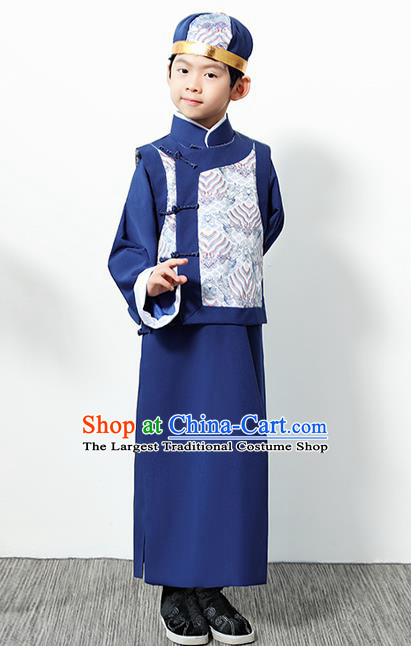 Chinese Traditional Qing Dynasty Boys Navy Clothing Ancient Manchu Prince Costume for Kids