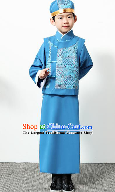 Chinese Traditional Qing Dynasty Boys Blue Clothing Ancient Manchu Prince Costume for Kids
