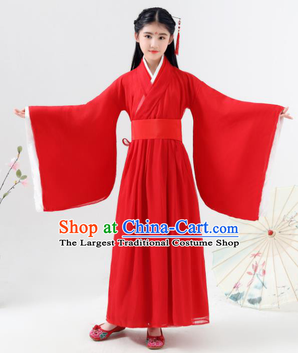 Chinese Traditional Jin Dynasty Girls Swordsman Red Hanfu Dress Ancient Princess Costume for Kids