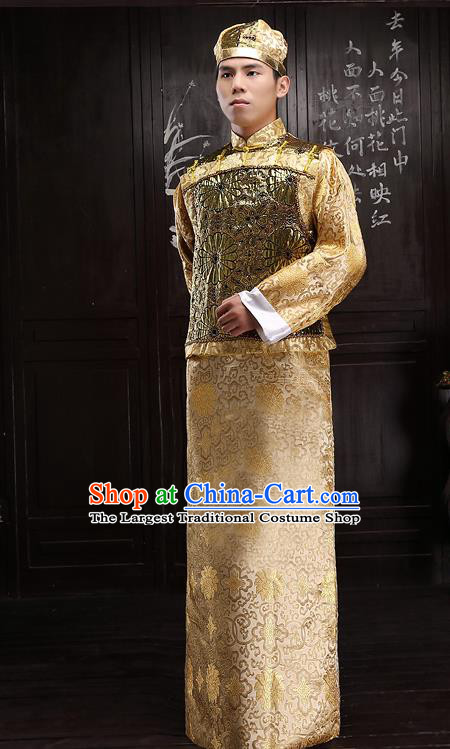 Chinese Traditional Qing Dynasty Royal Prince Golden Hanfu Clothing Ancient Manchu Nobility Childe Costume for Men