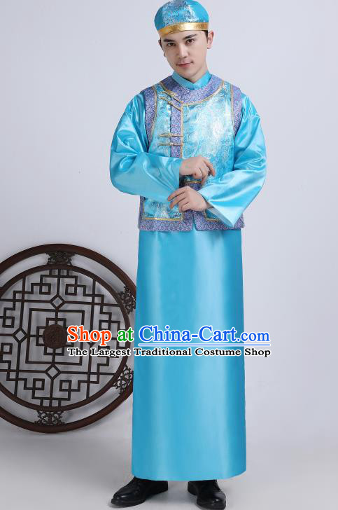 Chinese Traditional Qing Dynasty Royal Prince Blue Hanfu Clothing Ancient Manchu Nobility Childe Costume for Men
