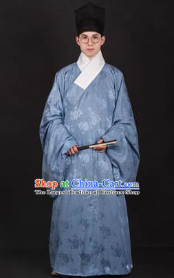 Chinese Traditional Ming Dynasty Taoist Priest Hanfu Blue Robe Ancient Scholar Costume for Men