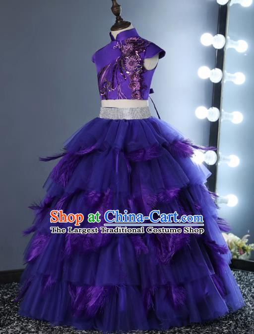 Top Grade Children Day Dance Performance Purple Feather Full Dress Kindergarten Girl Stage Show Costume for Kids